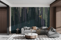 Nature themed wall mural in dark green and purple for a living room.