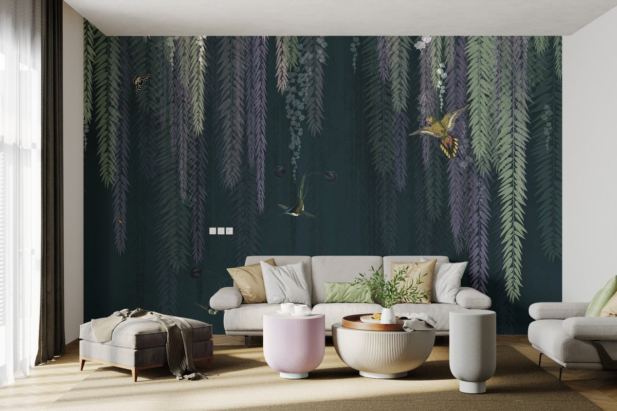 Botanical dark background wall mural with hummingbirds for a living room.