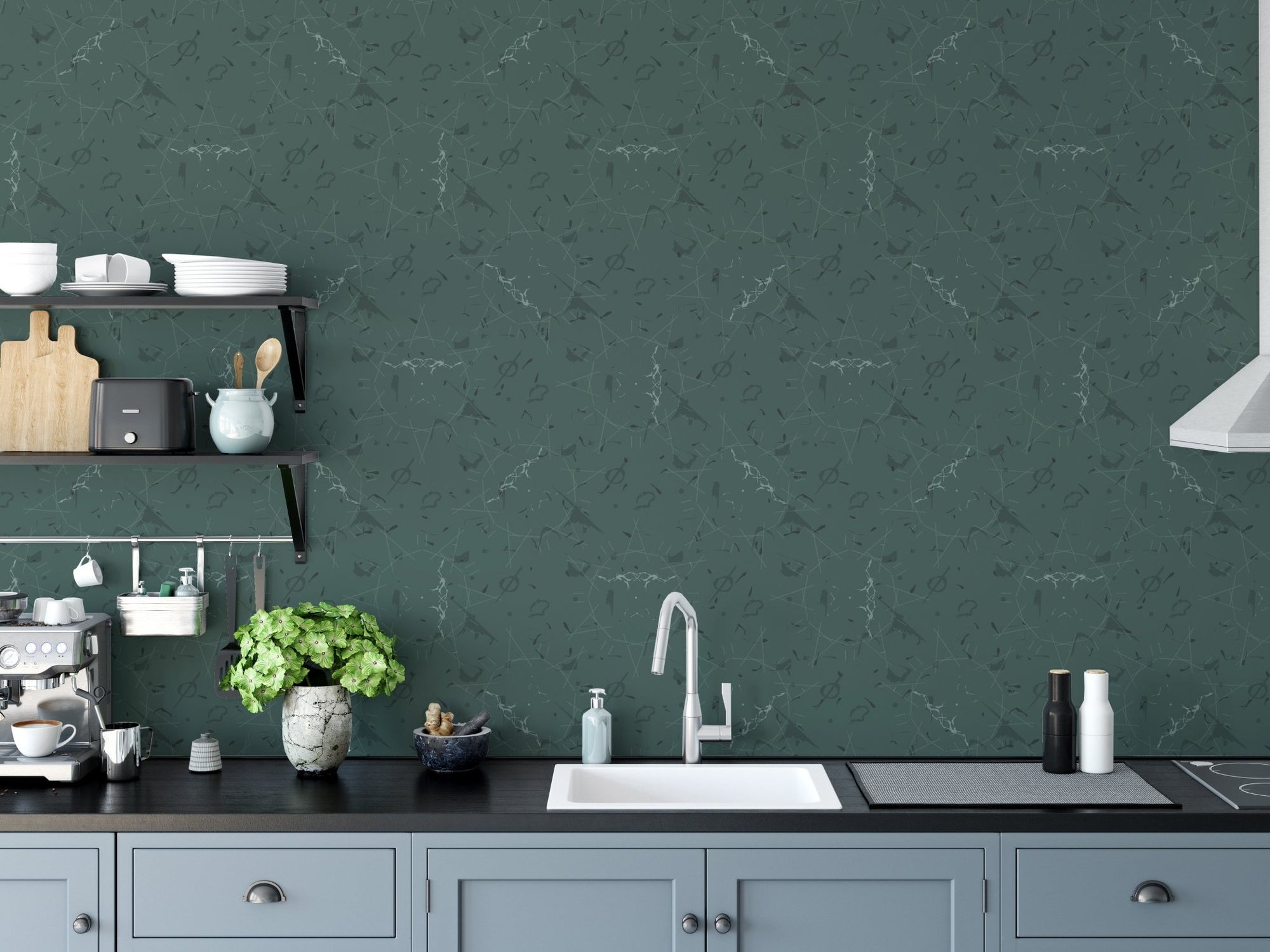 Kitchen backsplash featuring Green Harmony Repeat Patterns Wall Murals with shelves.