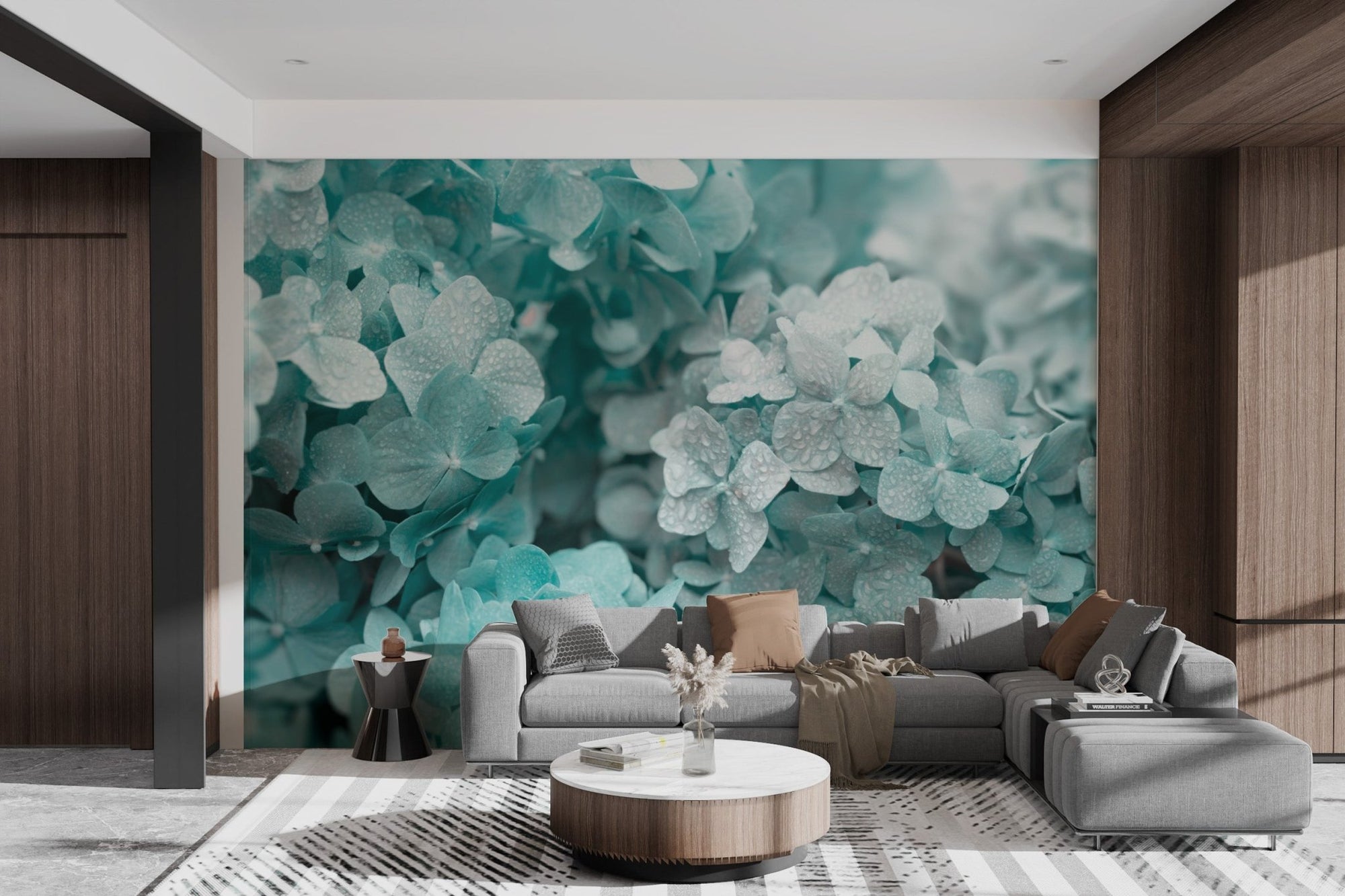 Mint colored floral wall mural for a soft bloom botanical interior style.