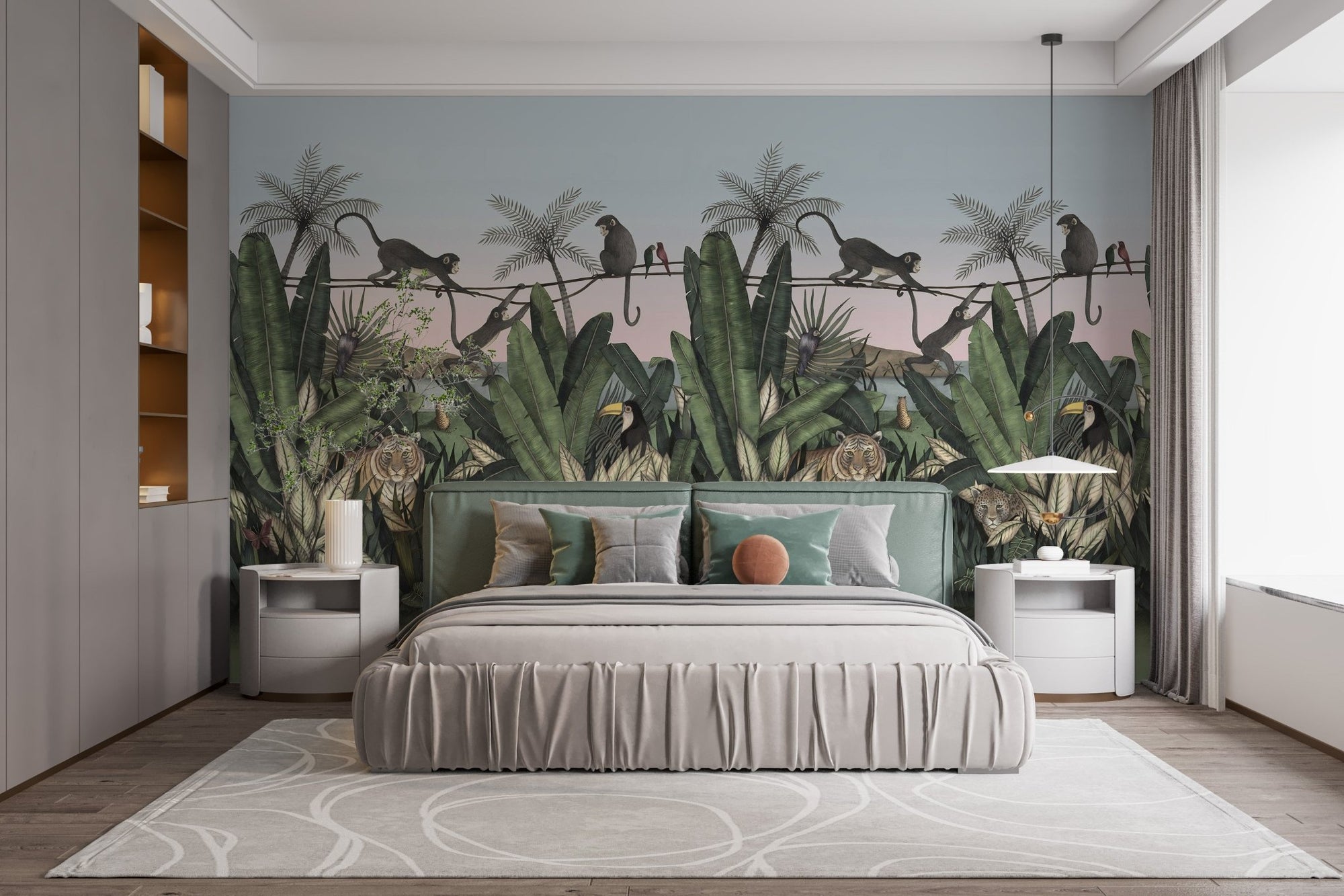 Modern bedroom with Green Jungle Animals Wall mural featuring monkeys and palm leaves.