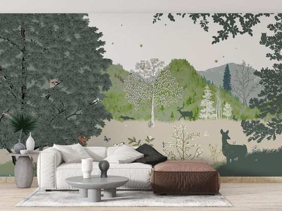 Green jungle kids room wallpaper featuring a playful white rabbit in a meadow.