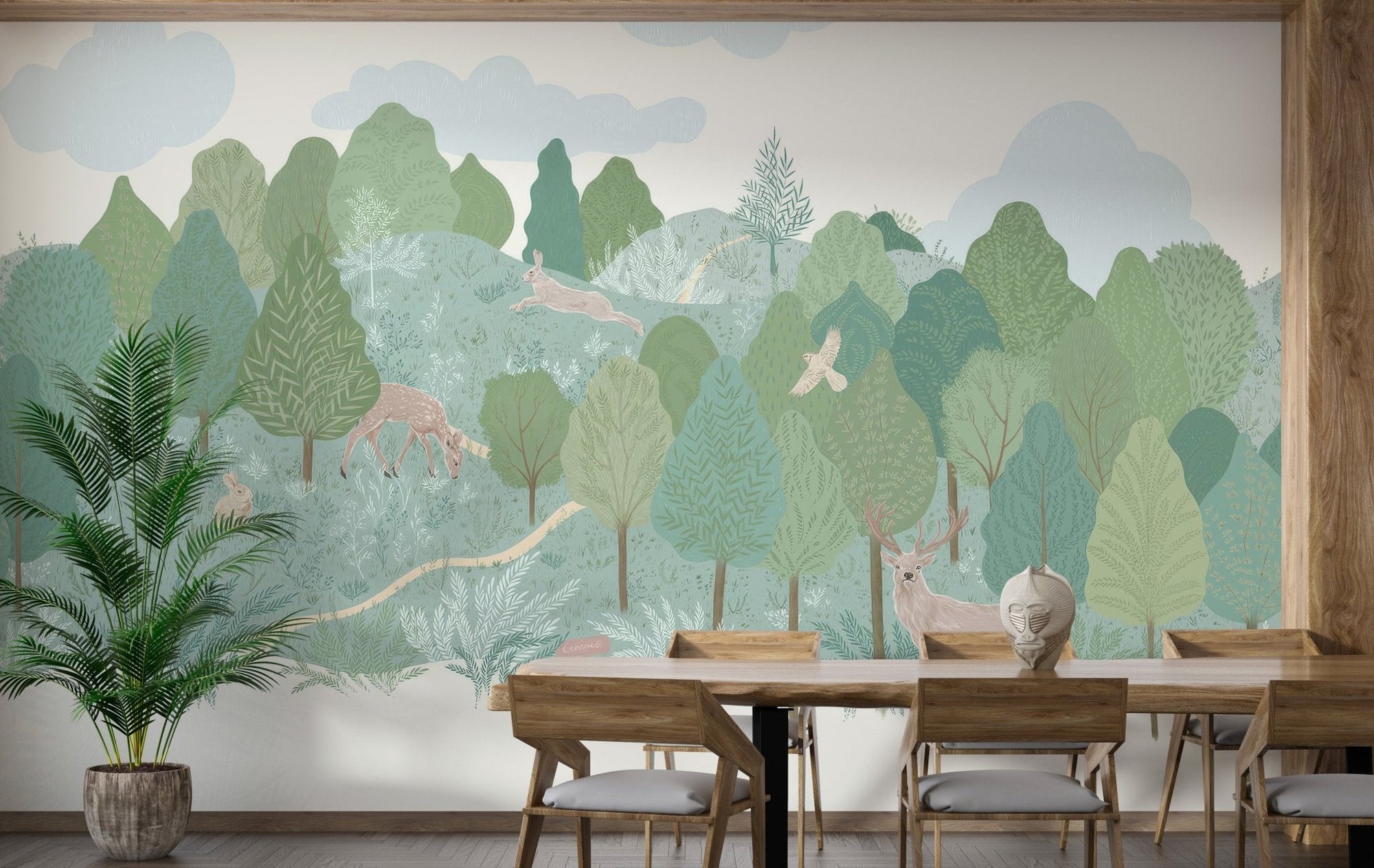 Playful forest mural featuring animals and soft green tones for dining room.