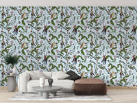 Nature mural green leaves rabbit owl
