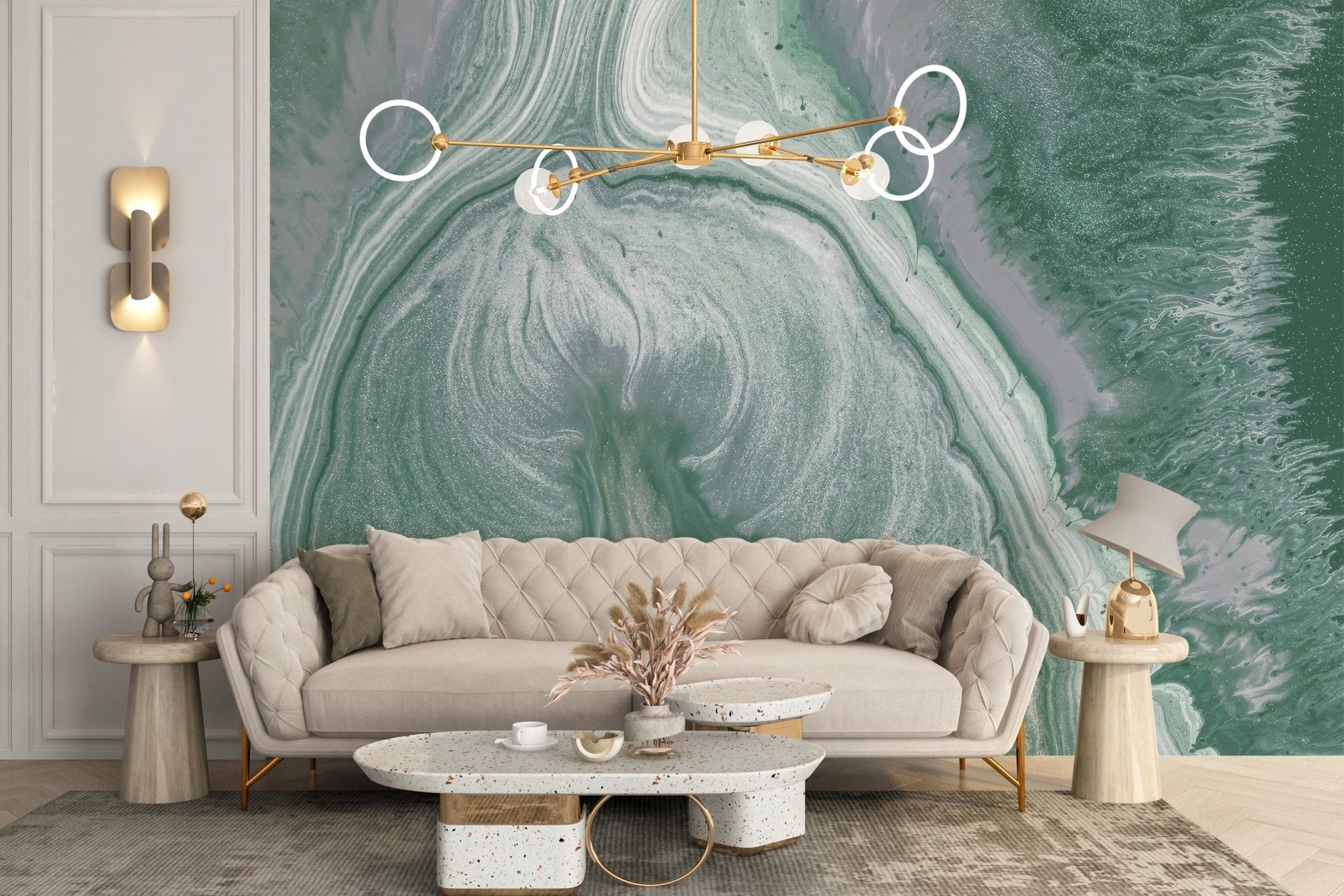 Sage green marble wallpaper with fluid white veining patterns.