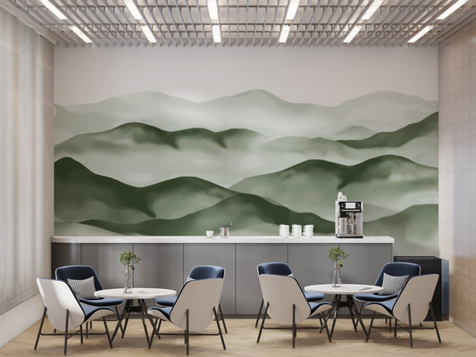 Minimalist mountain wall mural in sage green and white tones.