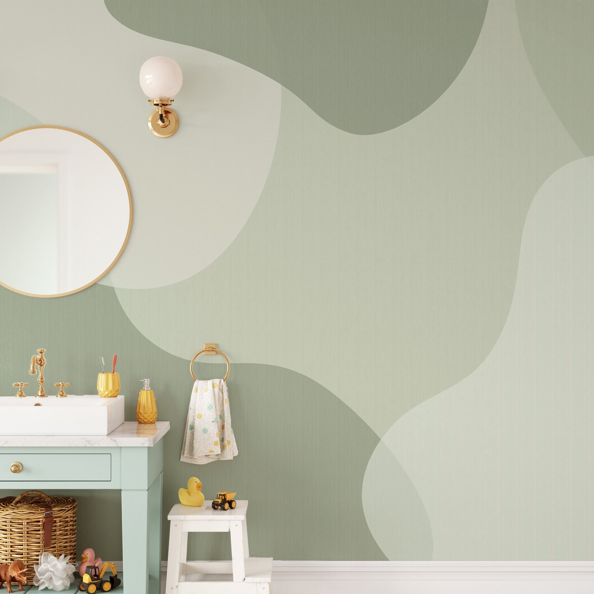Green modern abstract wall mural with soft sage organic shapes and texture.