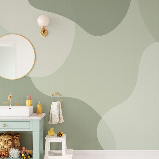 Green modern abstract wall mural with soft sage organic shapes and texture.