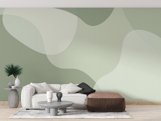 Contemporary green wall mural utilizing soft sage tones for a peaceful interior.