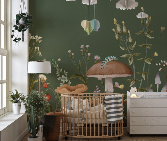 Illustrated garden floor wall mural featuring mushrooms and a small caterpillar.