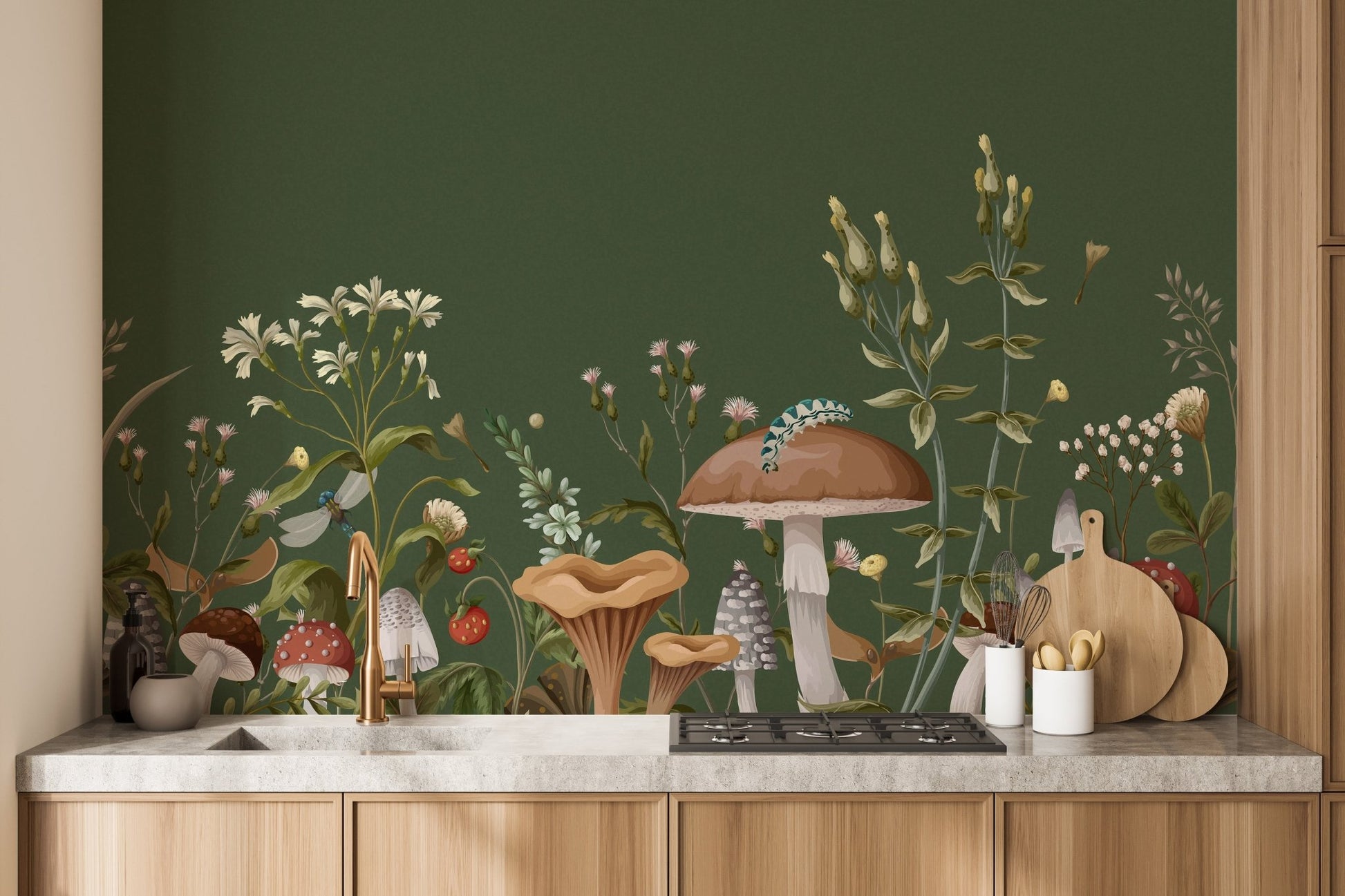 Green Mushroom Garden Kids Wallpaper - Wallanza