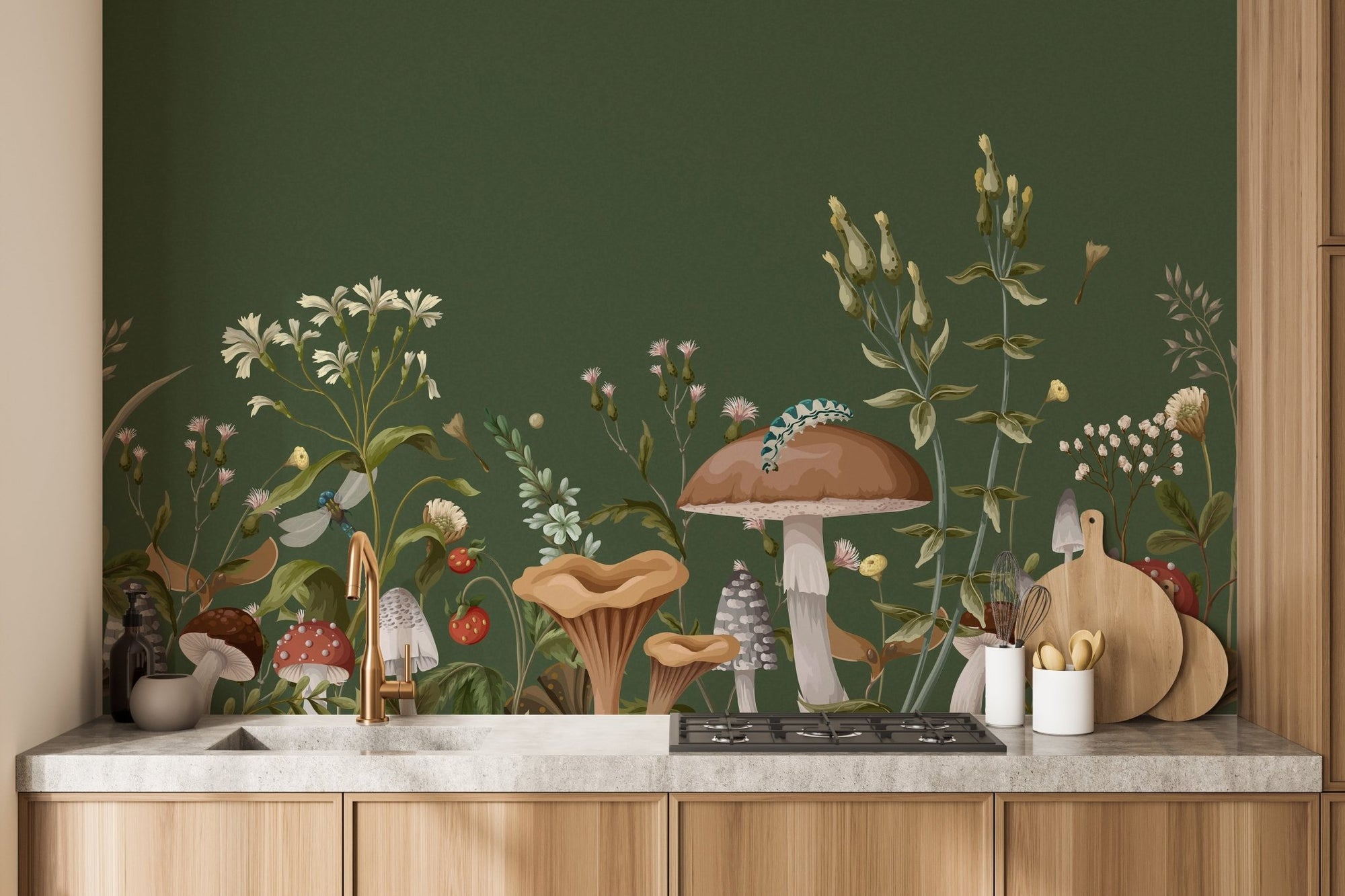 Green mushroom garden kids wallpaper with various toadstools and wild berries.
