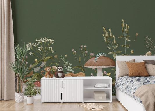 Whimsical green mushroom garden kids wallpaper in a vintage forest style.