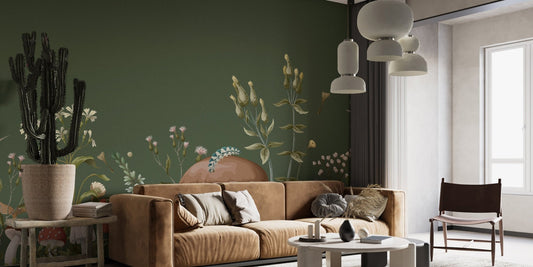 Detailed wall mural showing earthy brown mushrooms and blue dragonflies.