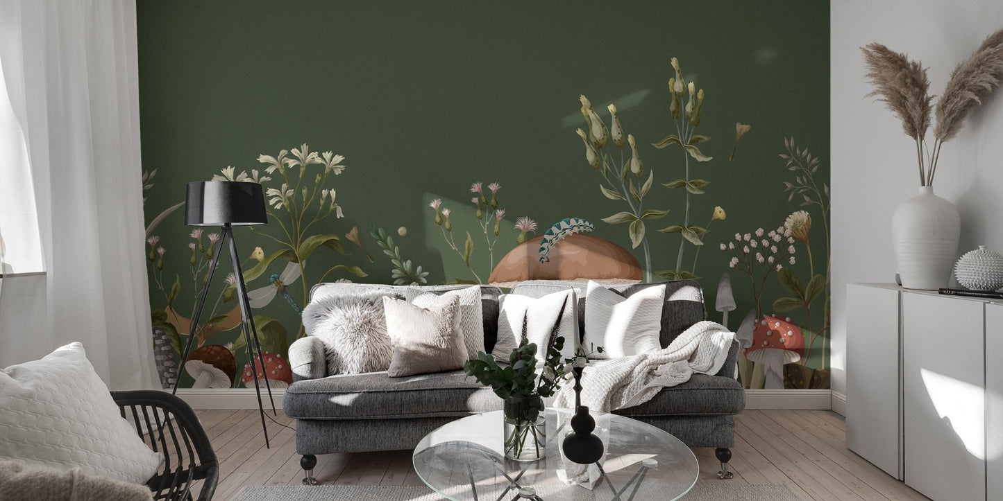 Green Mushroom Garden Kids Wallpaper - Wallanza
