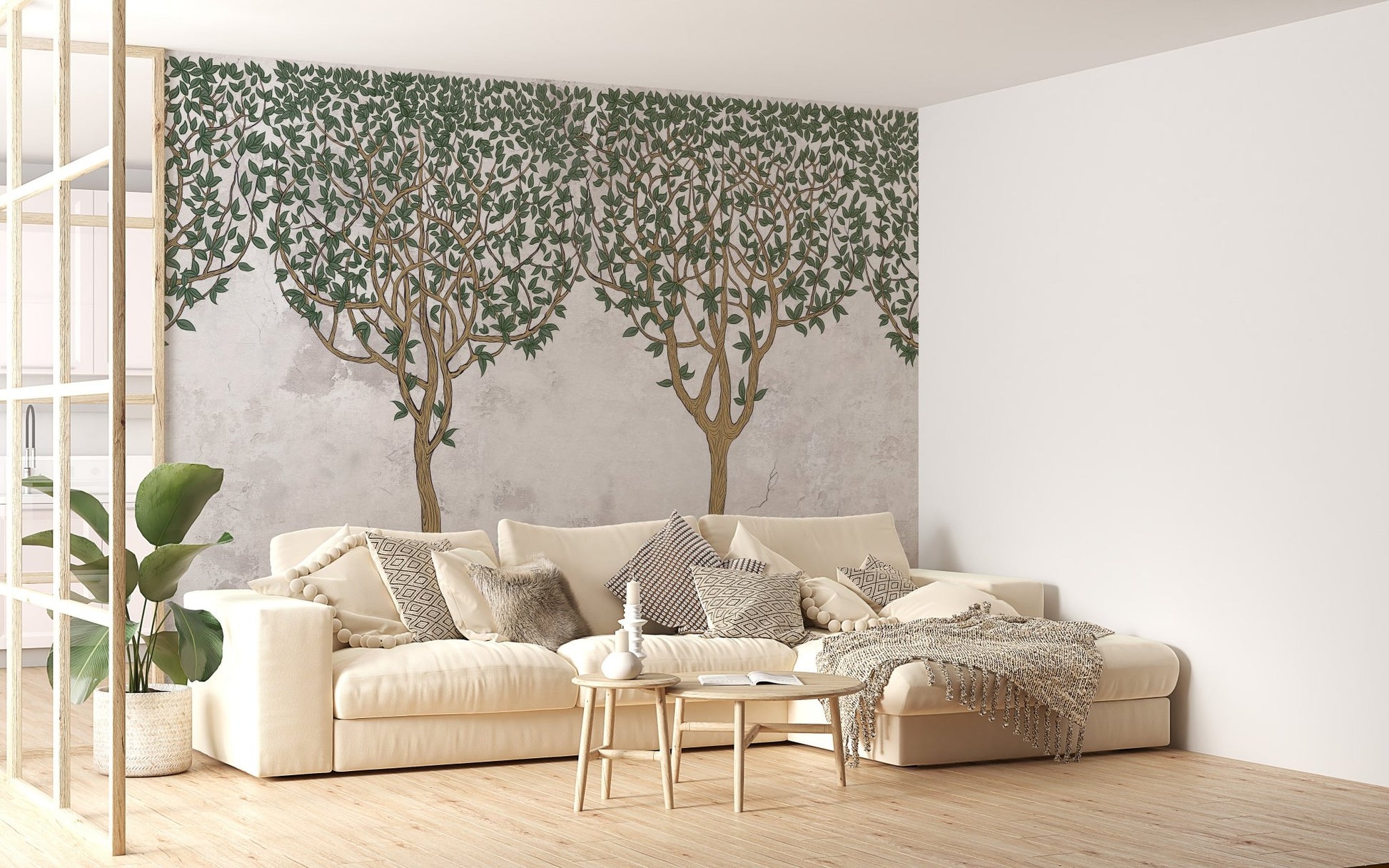 Artistic forest theme wall mural for a living feature wall.