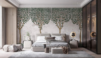 Green Painted Forest Wallpaper in a modern master bedroom.