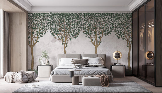 Green Painted Forest Wallpaper in a modern master bedroom.