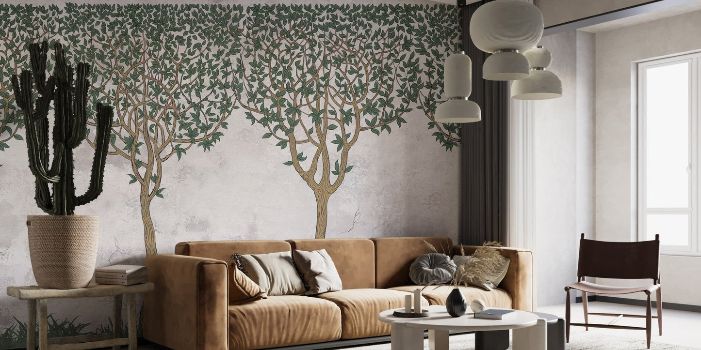 Soft green forest wallpaper in a stylish apartment interior.