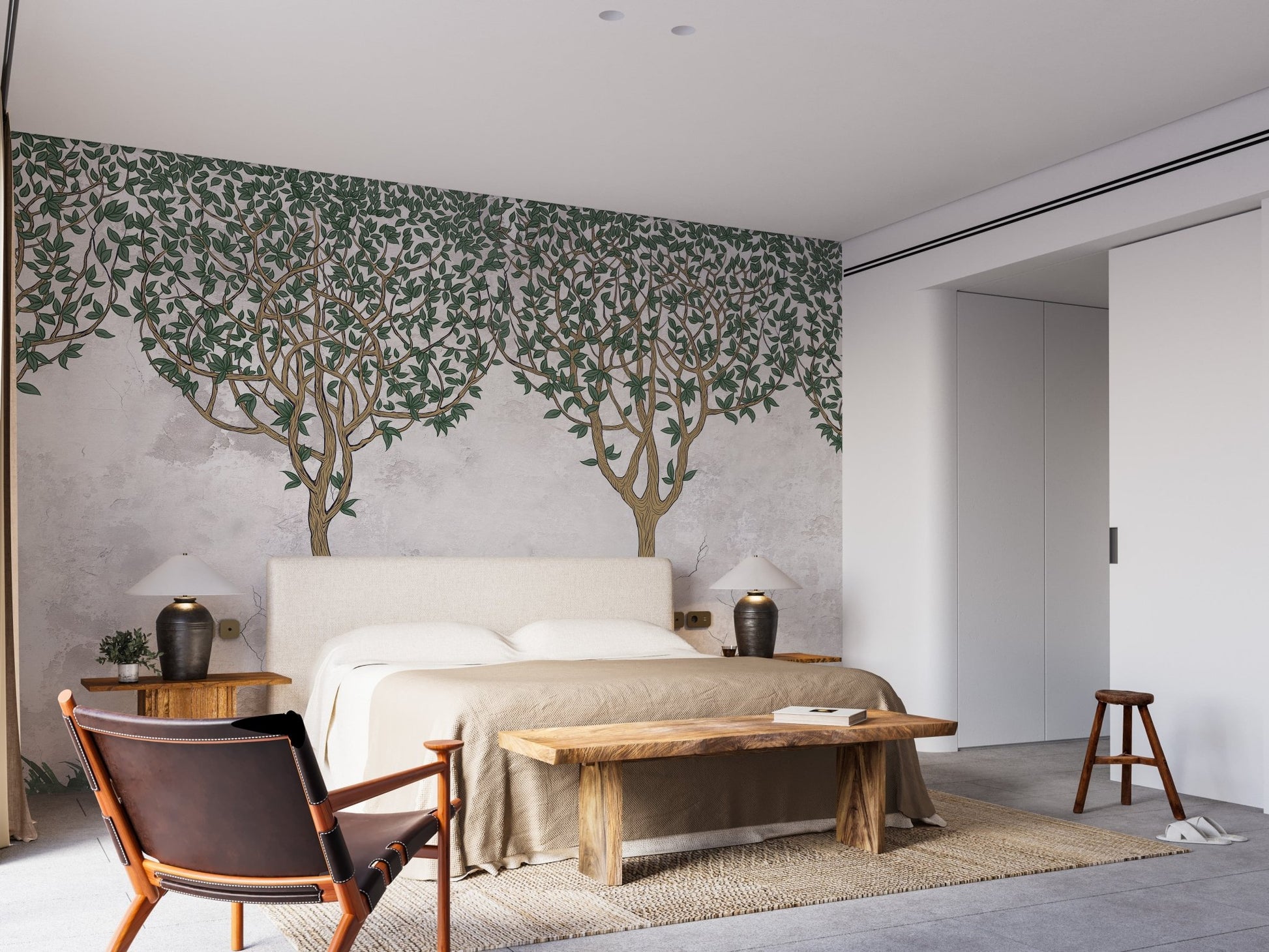 Forest design wall mural used in a minimalist bedroom.