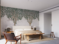 Forest design wall mural used in a minimalist bedroom.