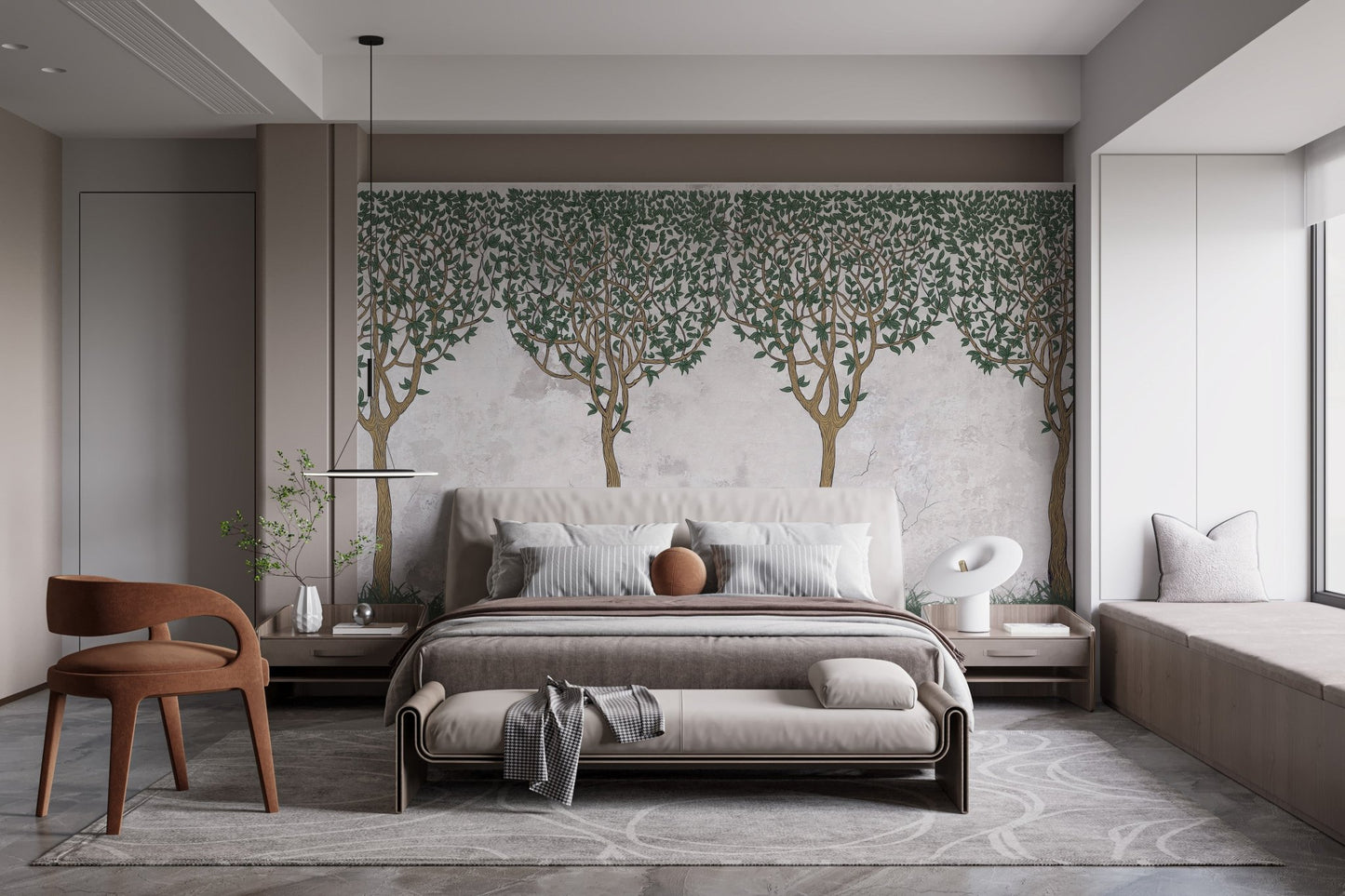 Bedroom setting featuring a painted forest wall mural.