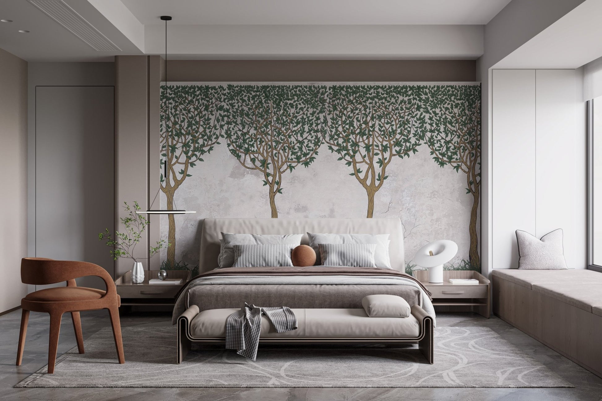 Bedroom setting featuring a painted forest wall mural.