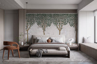Bedroom setting featuring a painted forest wall mural.