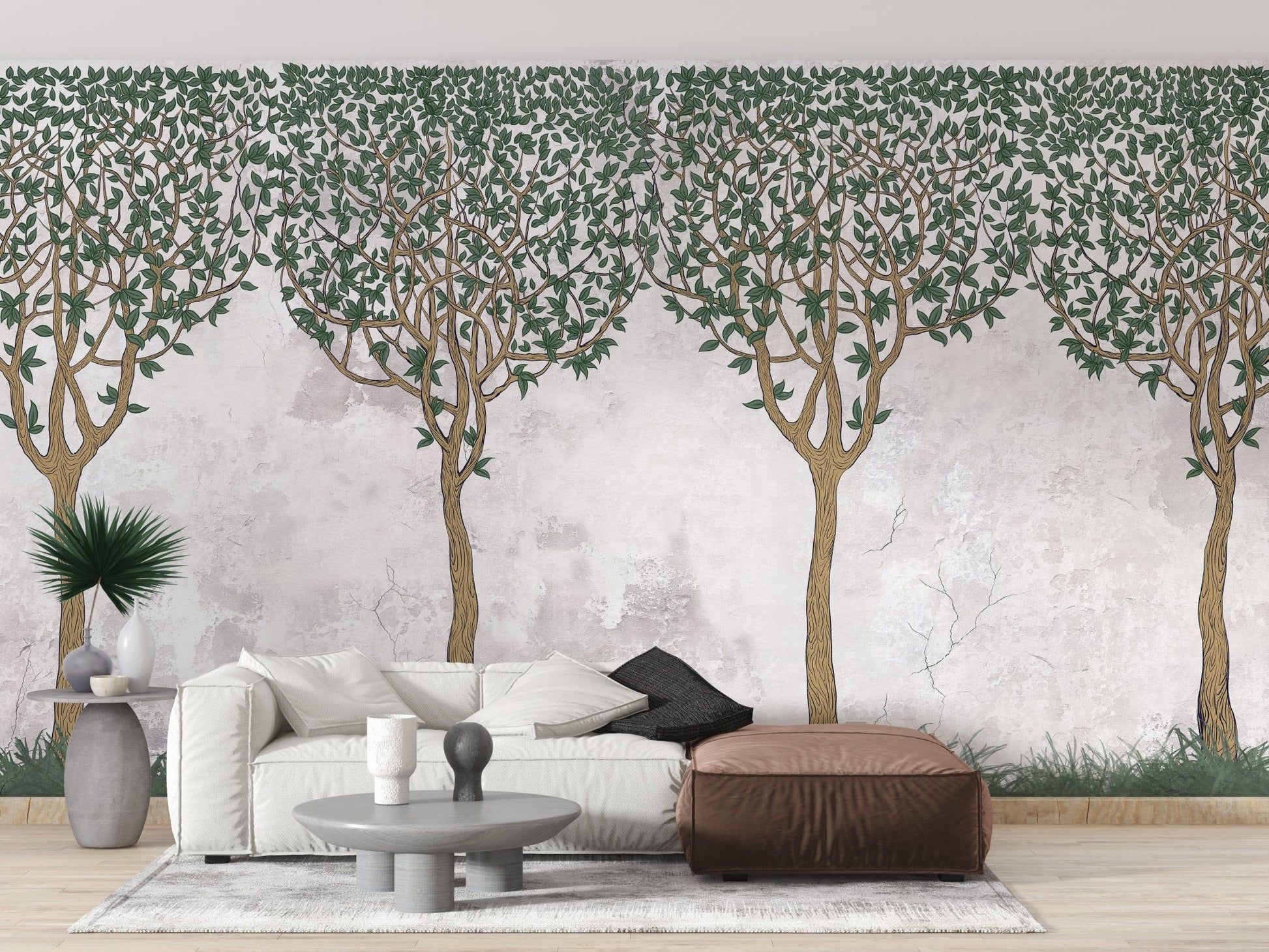 Serene forest illustration wall mural for modern homes.