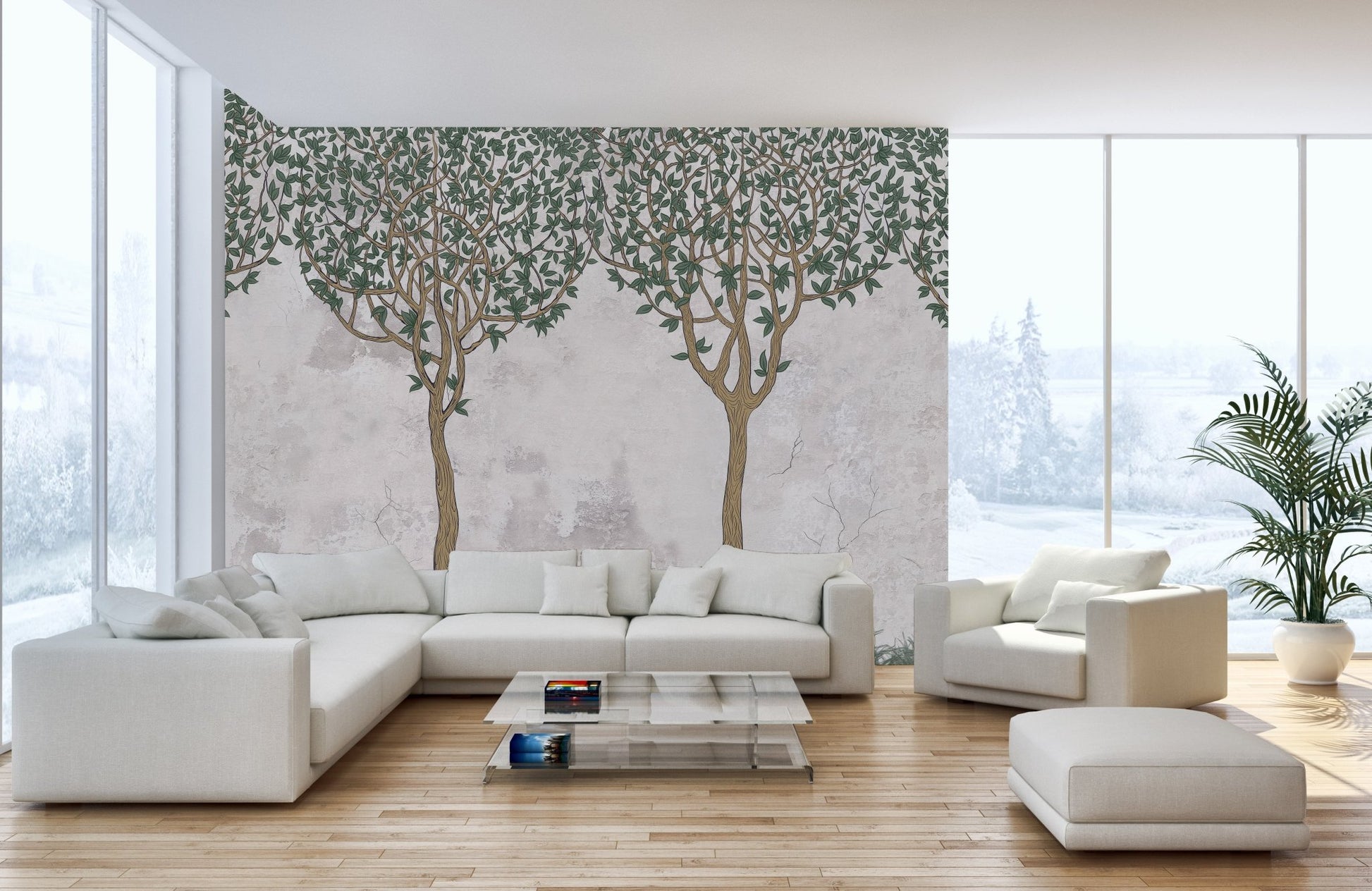 Living room wall decorated with Green Painted Forest Wallpaper mural.