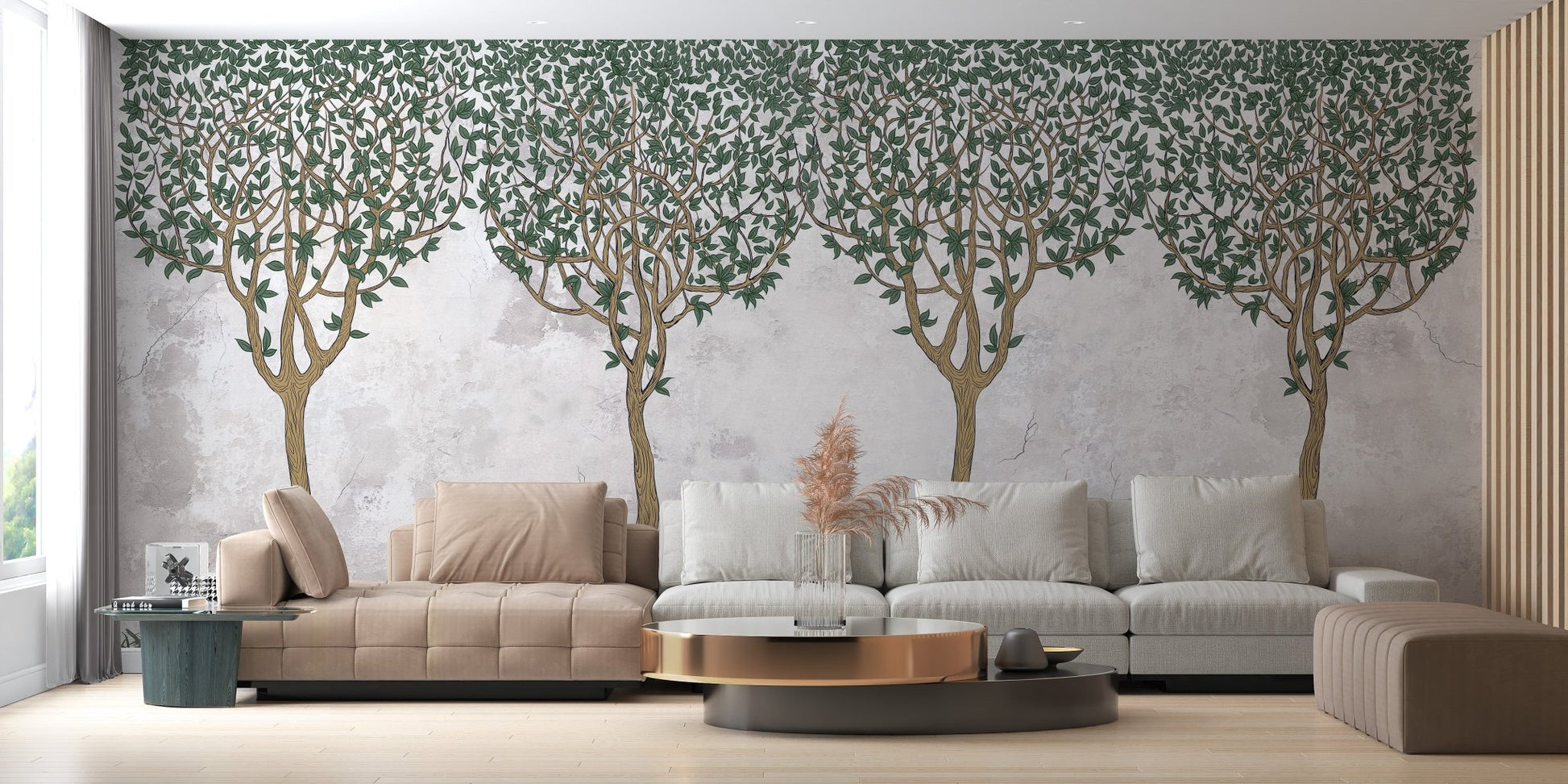 Living room wall decorated with Green Painted Forest mural.