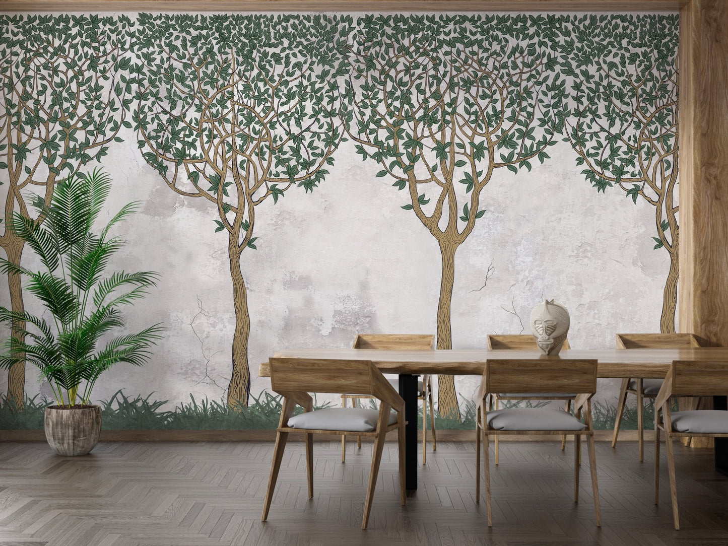 Elegant dining area decorated with a forest scene wall mural.