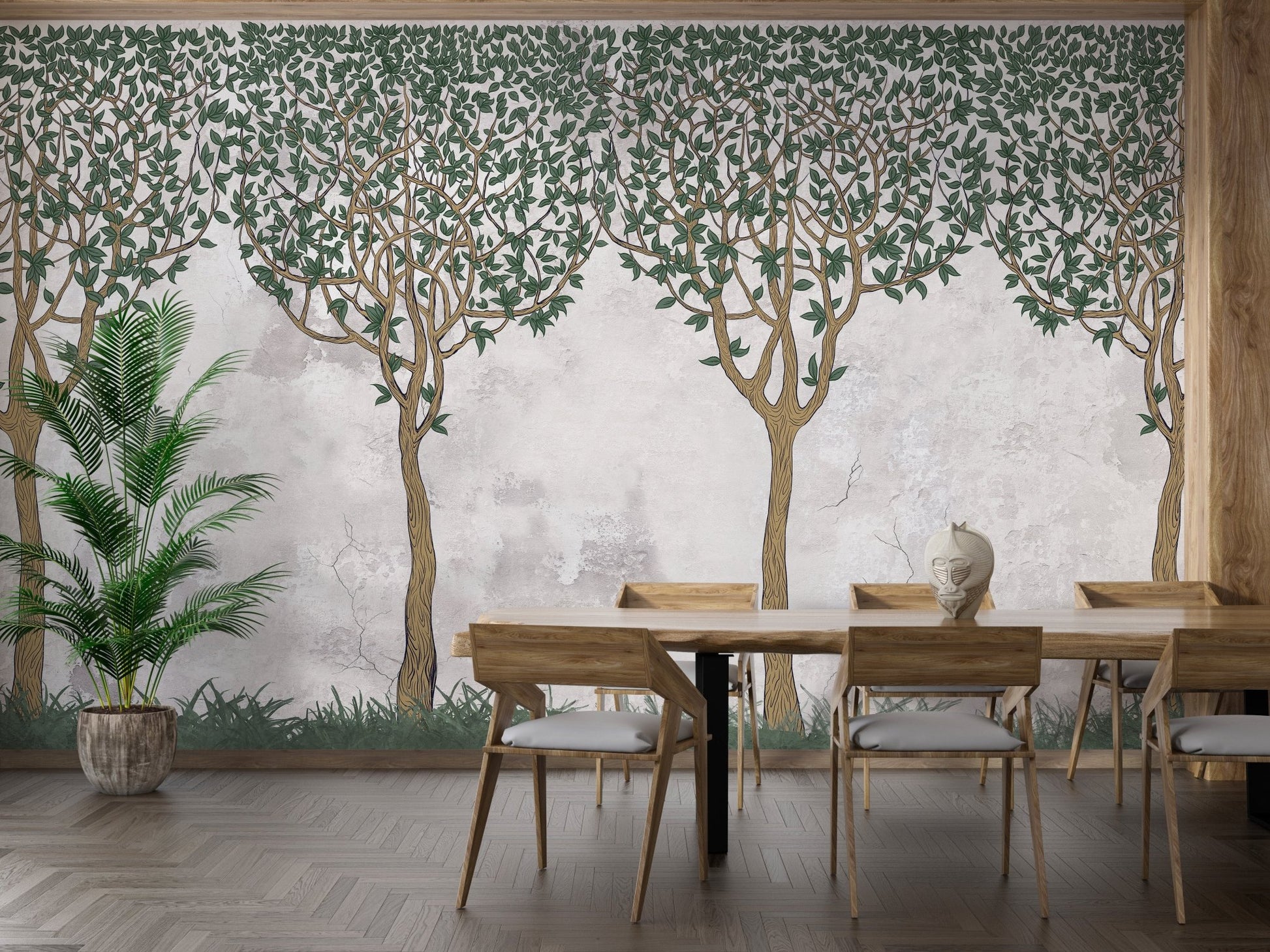 Elegant dining area decorated with a forest scene wall mural.