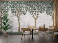 Elegant dining area decorated with a forest scene wall mural.