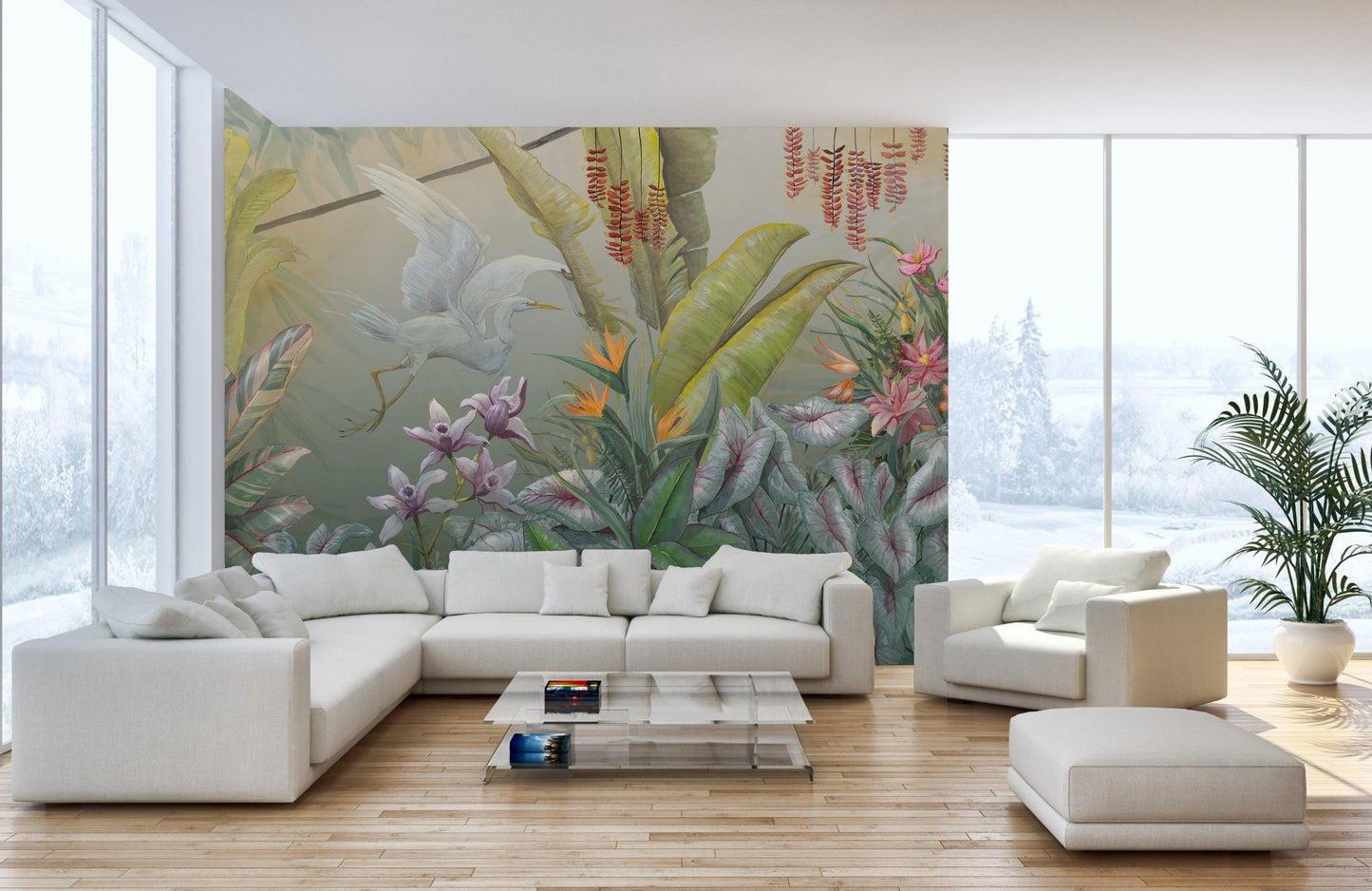 Minimalist room with white furniture and a tropical plant wall mural.