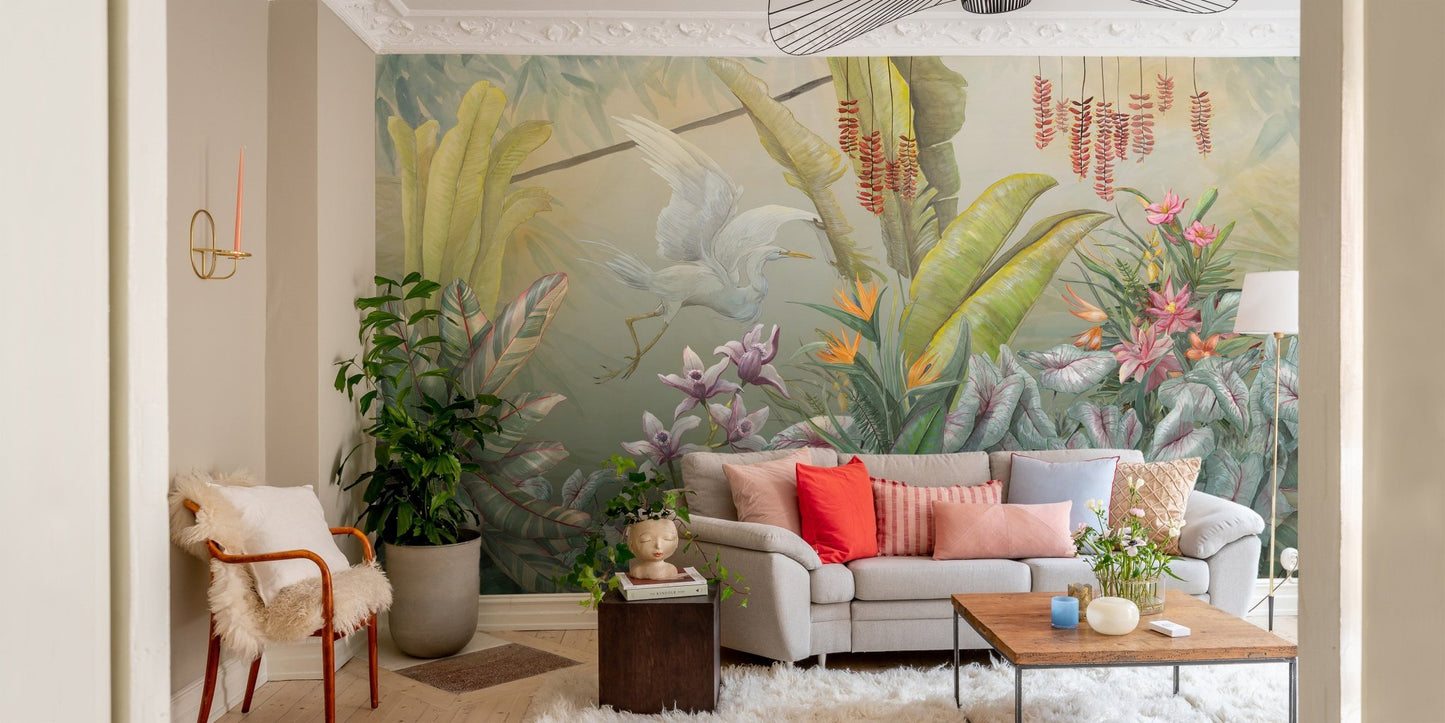 Green Plants & Flowers Wall Mural with a wooden chair and indoor potted plant.