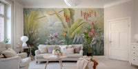 Residential interior with flower wall mural and light-colored flooring.