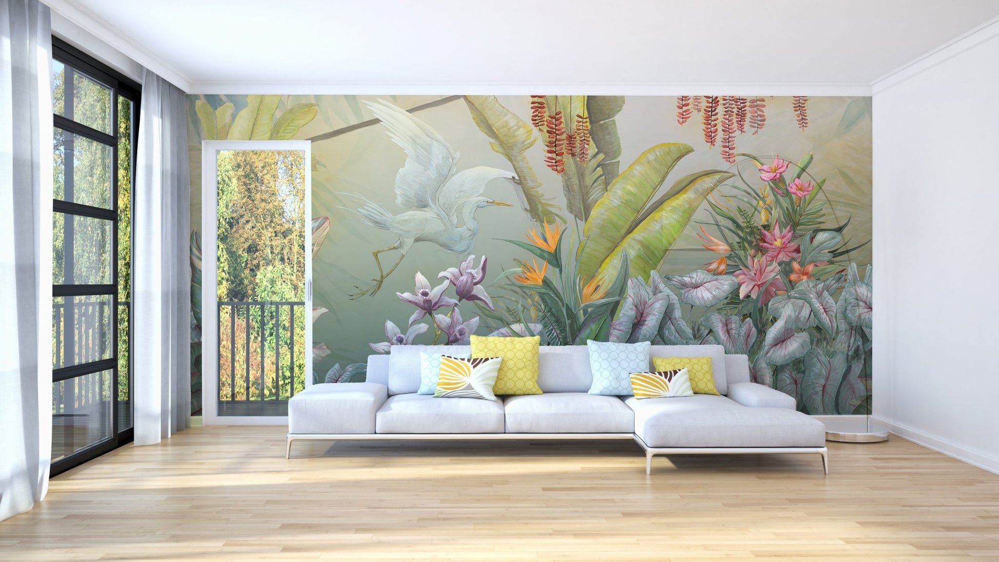 Wide living space featuring a green botanical flower wall mural.