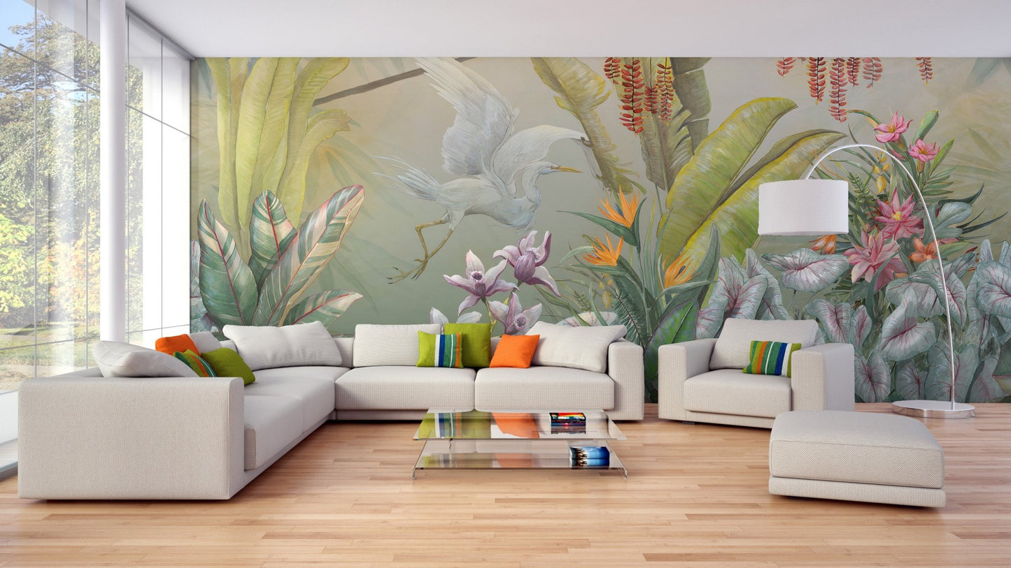 L-shaped white sofa in a bright room with Green Plants & Flowers Wall Mural.