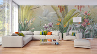 L-shaped white sofa in a bright room with Green Plants & Flowers Wall Mural.