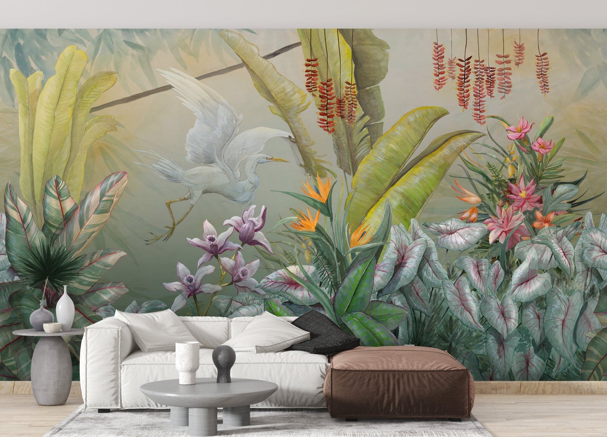 Green Plants & Flowers Wall Mural with white sofa and grey coffee table.
