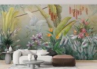 Green Plants & Flowers Wall Mural with white sofa and grey coffee table.