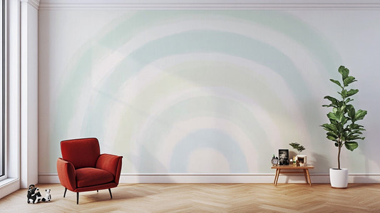 Gentle watercolor rainbow wall mural featuring soothing earth tones.