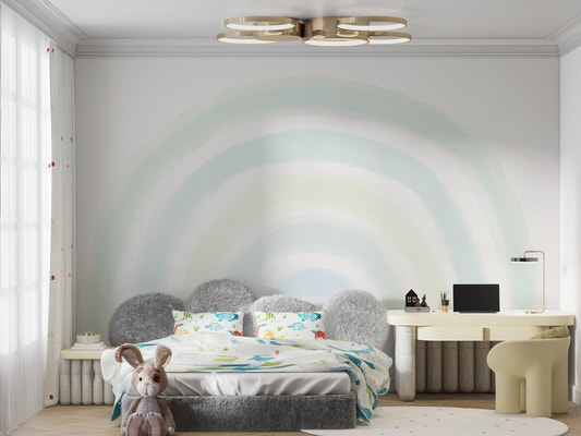 Green rainbow kids wallpaper with soft watercolor strokes on a white background.