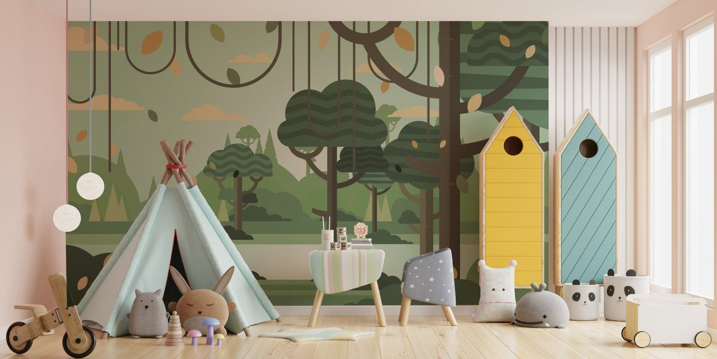 Play area featuring a teepee and jungle forest wall mural with green trees.