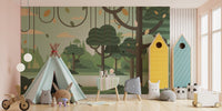 Play area featuring a teepee and jungle forest wall mural with green trees.