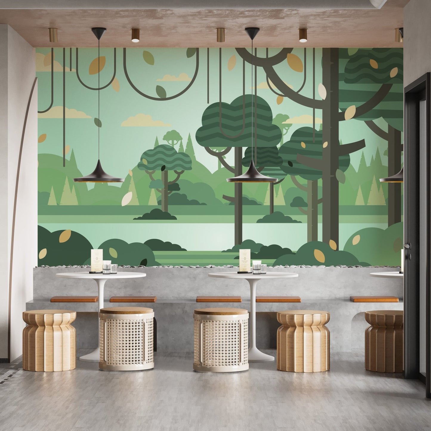 Cafe seating area with wooden stools and a green botanical tree wall mural.