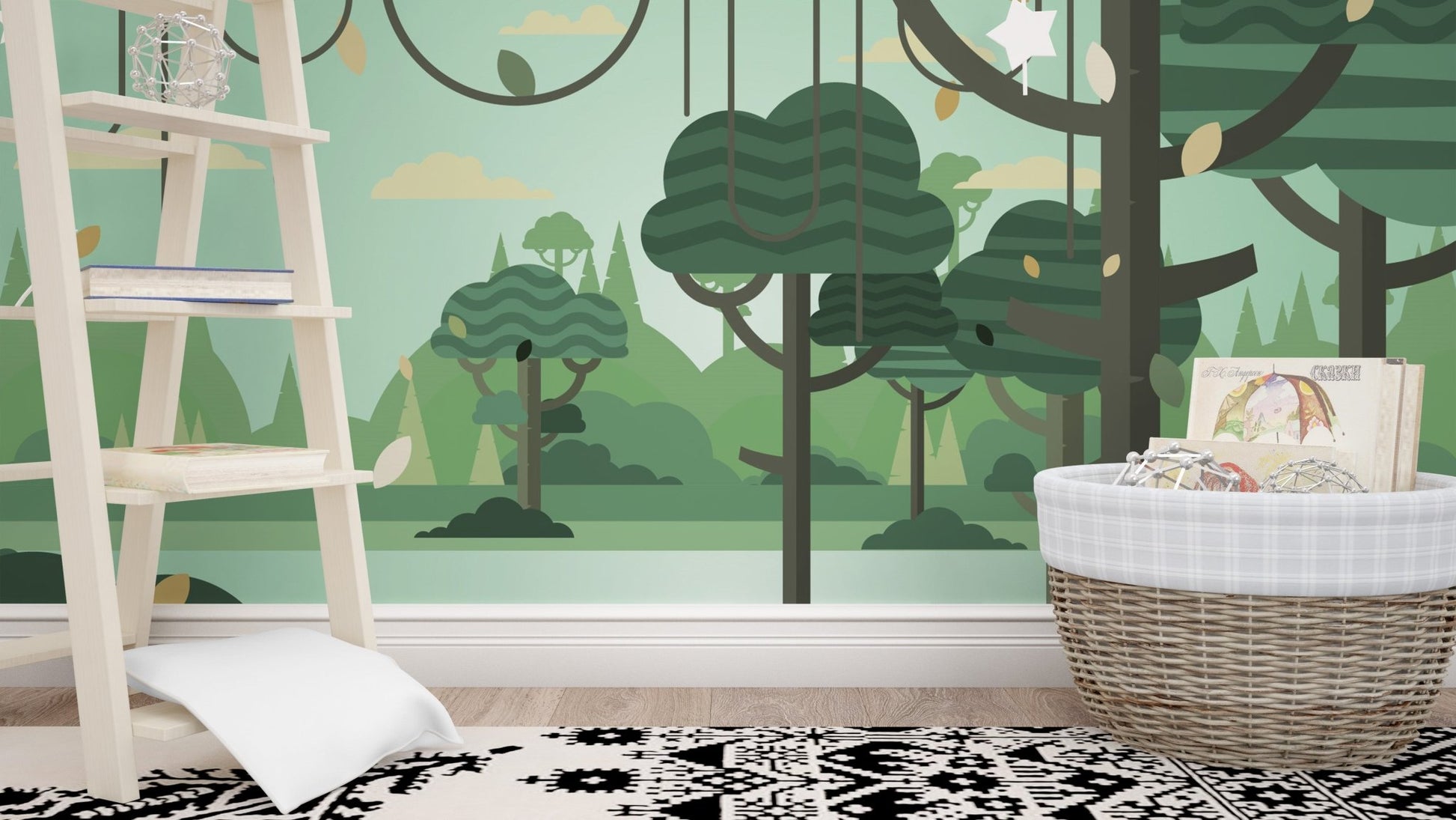 Nature-Inspired Green Forest Wall Mural Design in kids room.