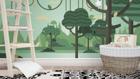 Nature-Inspired Green Forest Wall Mural Design in kids room.