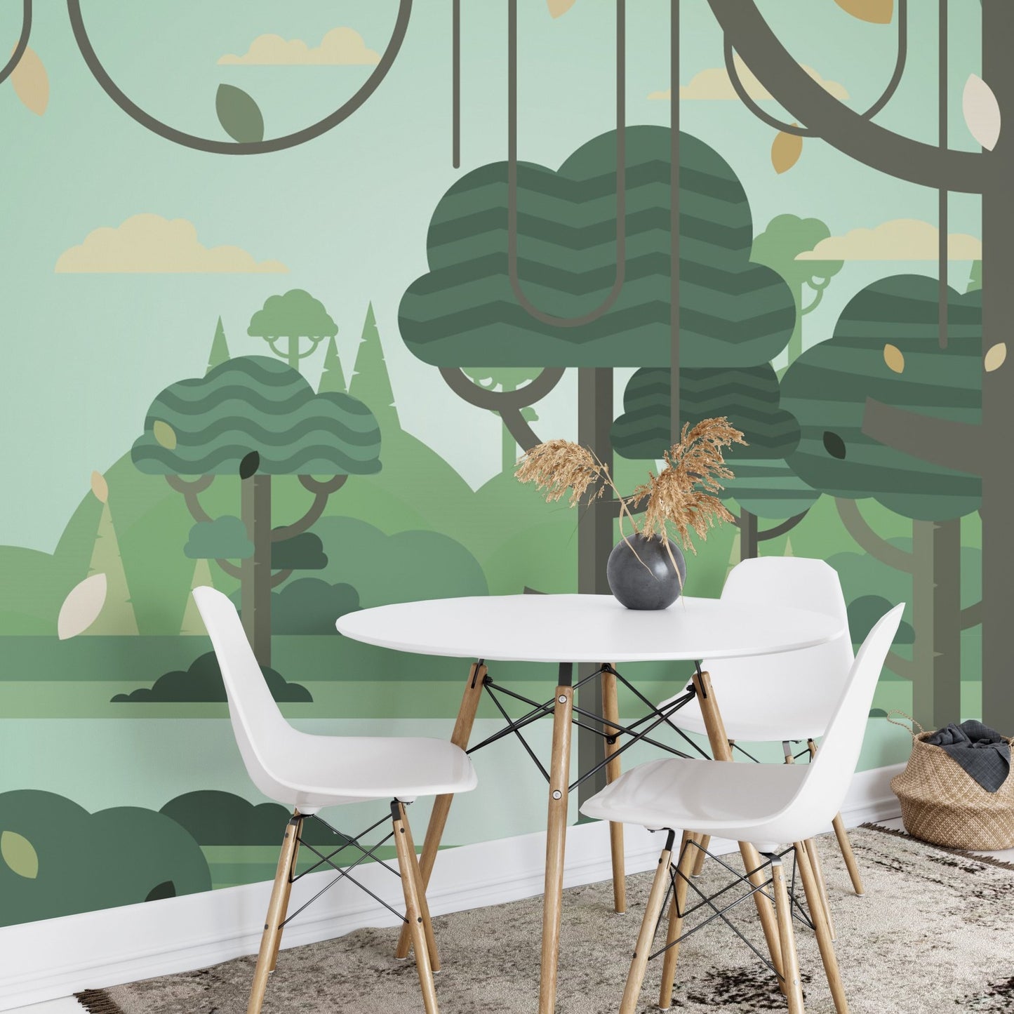Dining area with a white table and forest botanical tree wall mural background.